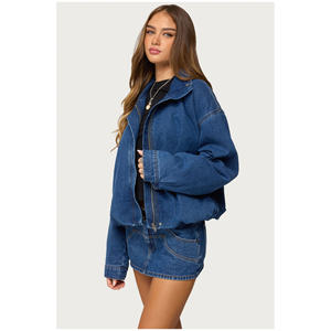 Women blue Color Cropped Leather Avirex Jacket Women Turn-Down Collar <b>Zipper</b> Leather Jacket Avirex Leather Jackets for Women - Product Image 3