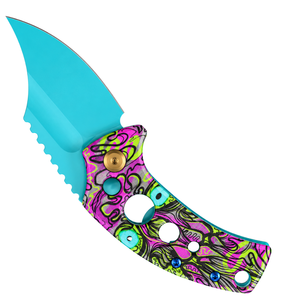 Couteaux pliants rose, vert, violet, turquoise et or avec manche imprimé abstrait, lame turquoise vif et clip de poche assorti - Product Image 1