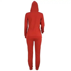 Ensemble de survêtement rouge à capuche pour femme, manches longues, couleur unie, style sportif avec poches latérales, fermeture à cordon, vêtements d'automne - Product Image 3