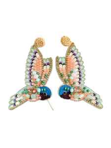 Boucles d'oreilles créoles tendance de luxe léger, brodées à la main, ornées de perles et de motifs d'oiseaux, pour mariage - Product Image 5