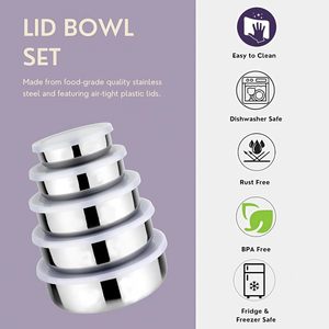 Stainless Steel Food <b>Storage</b> Containers Set 5 Pcs Round Airtight With Plastic Lids Stackable For <b>Kitchen</b> Freshness Preservation - Product Image 5