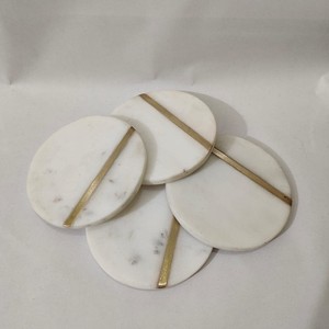 Posavasos de mármol blanco ecológicos al por mayor con incrustaciones de latón de lujo, juego de 4 posavasos redondos de piedra natural hechos a mano para café - Product Image 5