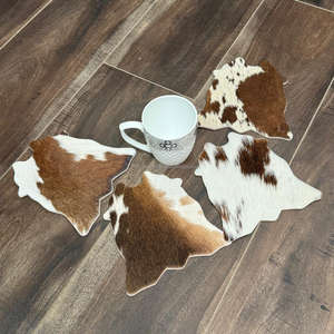 Juego de posavasos de cuero de vaca rústico de alta calidad, posavasos de cuero genuino para ocultar el pelo occidental único para bebidas, regalos de decoración del hogar - Product Image 5