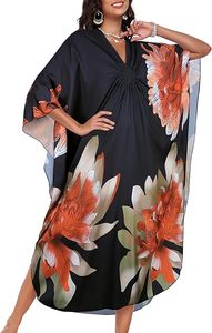 Floral Print Chiffon Maxi Dress V-Neck Batwing Sleeve Loose Boho <b>Summer</b> Casual <b>Kaftan</b> Dress - Product Image 6