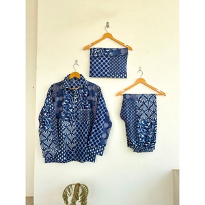 Blue Geometric Cotton Bohemian Pajama Set Long Sleeve Regular Fit V-neck Printed Breathable Eco-Friendly All Seasons Casual Wear - Product Image 1