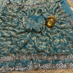 Luxury Handcrafted <b>Tissue</b> Organza Silk Saree Heavy Cutdana Hand Work Embroidery Swarovski Crystals Indian <b>Wedding</b> Party Bridal - Product Image 2