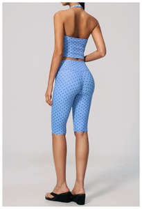 wholesale Blue Dot Print Yoga Set Halter <b>Crop</b> <b>Top</b> High Waist Knee Length Leggings Breathable Spandex Polyester 2 Piece - Product Image 2