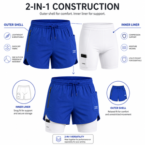 Shorts de course pour hommes personnalisables en gros, couleur bleu uni, taille mi-haute, cordon de serrage, séchage rapide, sportifs, avec logo sur les poches - Product Image 2