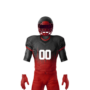 Uniforme de football américain personnalisé pour hommes, maillot rouge et noir sublimé, pantalon, gants, crampons, tissu respirant, manches courtes ajustées - Product Image 4