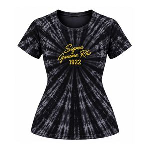 T-shirt femme noir et gris tie-dye avec motif graphique jaune, manches courtes, col rond, en coton, décontracté, tendance, pour l'été - Product Image 1