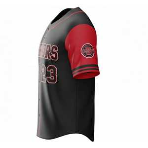 Maillot de baseball personnalisé noir et rouge par sublimation, uniforme d'équipe à boutons, en maille polyester respirante, col en V, manches courtes, pour toutes les saisons - Product Image 5