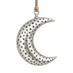 Ornement suspendu en forme de lune en métal argenté avec découpes en forme d'étoile, décoration de style vintage, décoration pour arbre de Noël - Product Image 1