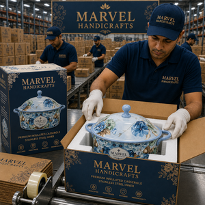 หม้อสแตนเลสเก็บความร้อนลายดอกไม้สีน้ำเงินจาก Marvel Handicrafts พร้อมฝาปิด สำหรับอุ่นอาหารในช่วงเทศกาลอีดและรอมฎอน - Product Image 4