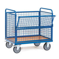 Carro de plataforma de malla de alambre de alta resistencia con recubrimiento de polvo azul, carrito de acero con cesta, carro de mano de cuatro ruedas para almacenamiento, material industrial