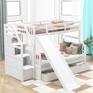 Lit superposé multifonctionnel double sur grand lit avec tiroirs de rangement et glissière, lits pour enfants blancs - Product Image 4
