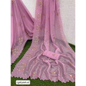 FANCY SUAVE CRUSH HILO BORDADO SECUENCIA TRABAJO SAREE CON BLUSA DESCOSTADA BEBÉ ROSA - Product Image 1