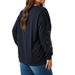 Plus Size Women's Breathable Knitted Curve Black & Silver <b>Sequin</b> Embellished Sweatshirt for Autumn/Winter/Summer/Spring - Product Image 3