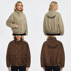Veste en toile lavée pour homme, col montant, broderie ailes au dos, vêtement d'extérieur décontracté en coton pour l'automne - Product Image 6