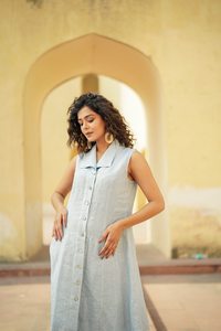 เดรสผ้าลินินผู้หญิง แขนกุด ติดกระดุม ทรงเอไลน์ ความยาวปานกลาง สไตล์ลำลอง เรียบง่าย ใส่สบายสำหรับฤดูร้อน - Product Image 2