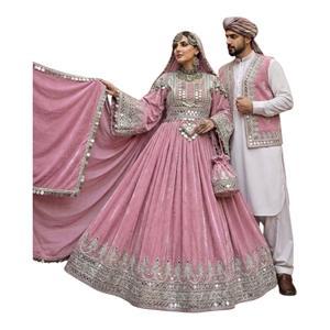 Robe afghane de qualité supérieure pour femmes, longueur au sol, col rond, manches longues, broderie, coupe évasée, robe de fête et de mariage pour les mariées afghanes - Product Image 1