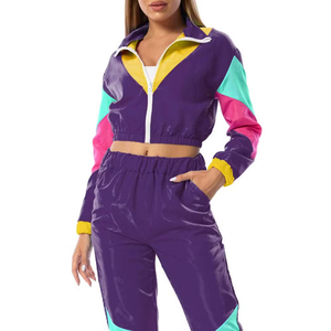<b>Women</b> <b>Purple</b> Color Blocking <b>Tracksuit</b> Full Sleeve Turn-down Collar Sporty Elastic Waist Regular Fit Spring Breathable 100% - Product Image 4