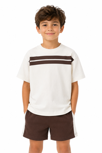 Ensemble coordonné en coton pour garçons, t-shirt à manches courtes et short décontractés, tenue d'été pour enfants, ensemble tendance à rayures blanches et brunes en deux pièces - Product Image 1