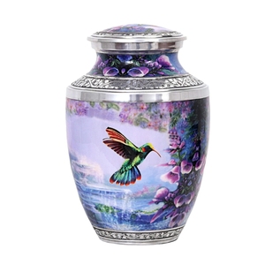 Urna Funeraria de Metal con Diseño de Colibrí, Personalizada con Impresión a Color, Grabada a Mano con Detalles en Plata, para Cenizas de Adultos, Precio de Fábrica - Product Image 1