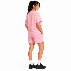 Women's Pink Oversized T-Shirt and Shorts <b>Set</b> Crew Neck Loose Fit Solid Color Knitted Cotton Casual Two-Piece Outfit - Product Image 4