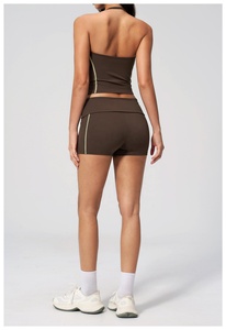 Brown Seamless Yoga Set Halter <b>Crop</b> <b>Top</b> High Waist Shorts Contrast Stitch Breathable Spandex Polyester 2 Piece - Product Image 2