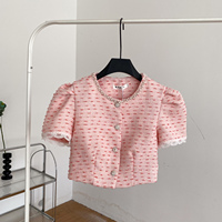 Blusas de punto casuales de verano con cuello en V y manga corta para mujer, camisas de encaje sólido con manga abullonada, tops dulces para mujer