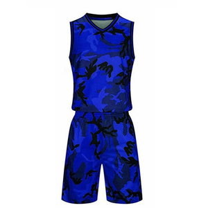 Ensemble de maillot de basket-ball personnalisé sublimé camouflage bleu pour hommes, col en V, sans manches, uniforme athlétique respirant - Product Image 1