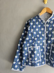 Blue Floral <b>Quilted</b> <b>Jacket</b> With Stand Collar Full Sleeve Pullover Women's Autumn Outerwear GIFT FOR HER - Product Image 2