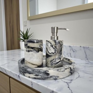 Ensemble de salle de bain en marbre, 2 pièces, distributeur de savon rond, porte-brosse à dents, plateau moderne minimaliste, facile à nettoyer - Product Image 1
