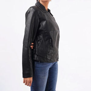 High Standards Women's PU <b>Leather</b> Moto <b>Jacket</b> Stand Collar Full Sleeve Zipper Closure Solid Black Regular Length Autumn Style - Product Image 2