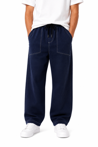 Mens <b>Wide</b> <b>Leg</b> Jogger Pants Casual <b>Navy</b> <b>Blue</b> <b>Trousers</b> with Contrast Stitching Comfortable Relaxed Fit Bottom Wear Elastic Waist - Product Image 1