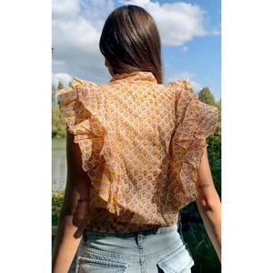 Women Yellow Block Print Cotton <b>Boho</b> Blouse with Layered Ruffle Sleeves Soft Breathable Summer Top - Product Image 2
