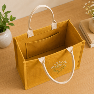Sac fourre-tout en jute jaune avec fleurs brodées, grande taille, sac de shopping à porter à la main - Product Image 5