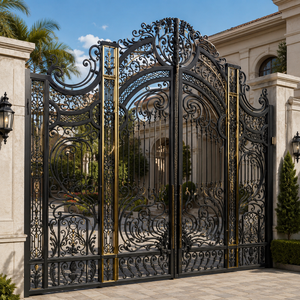 Portail de Villa en Fer Forgé Noir et Or, Arche de Luxe avec Panneaux Métalliques Ornés de Volutes - Product Image 1