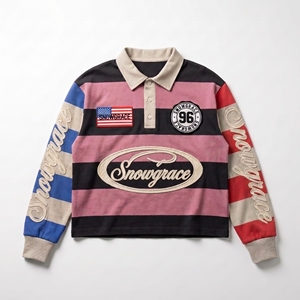 Snowgrace Short Striped Baseball Jersey V-neck Turn-down Collar Regular Fit Unisex Adults Spring Summer Breathable Embroidery - Product Image 1