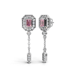IGI Certified Lab Grown <b>Diamond</b> Pink Emerald Cut Halo Chain Drop <b>Earrings</b> in 18K Gold <b>Dangle</b> <b>Earring</b> - Product Image 1