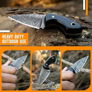 Couteau de chasse et de camping à lame fixe, mini couteau de poche Skinner en acier Damas fait main avec manche en bois, pendentif, porte-clés - Product Image 2