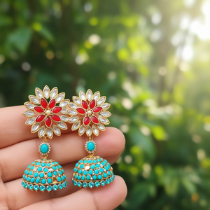 Ethnic <b>Red</b> Stone Embellished Jhumka <b>Earrings</b> with Turquoise and Zircon - Product Image 3