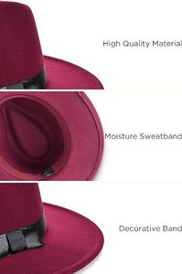 Burgundy Wool Fedora Hat with Black Ribbon Band Wide Brim Unisex Formal Style for Party Four Seasons Adult Accessory - Product Image 5