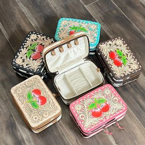 Wholesale Price Portable Hand Tooled Leather <b>Makeup</b> Box Travel Cosmetic <b>Case</b> Cherry Design Genuine Cowhide Leather Jewelry Box - Product Image 5