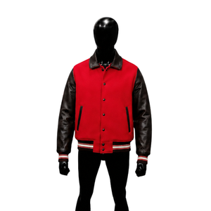 URBAN FASHION <b>RED</b> BLACK VARSITY JACKET FOR MEN PREMIUM STYLE With Leather Sleeves And Collar Turn-Down Design Casual Autumn W - Product Image 1