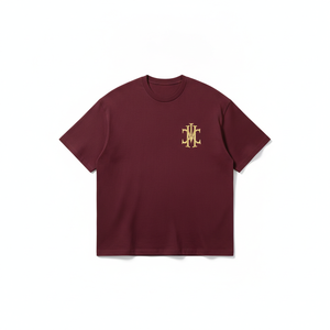 Men Oversized Burgundy T Shirt Short Sleeve Crew Neck Cotton Casual Streetwear Top <b>Small</b> <b>Chest</b> Logo Print Summer Tee - Product Image 1