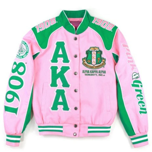 Chaqueta Varsity Rosa y Verde Personalizada, Manga Larga, Cierre de Botones, Estilo Bomber, Cuello y Puños Acanalados, Ropa Deportiva, Chaqueta Informal - Product Image 1