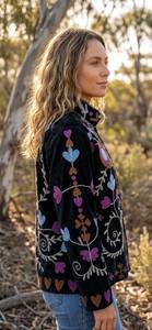 Veste en velours brodée de fleurs pour femmes, col mandarin, fermeture éclair, manches longues, style chic prairie d'automne - Product Image 2