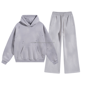 Haute qualité à la mode Vintage en détresse lavage à l'acide 360GSM polaire coton athlétique surdimensionné sweats à capuche et pantalons de survêtement Legging ensemble - Product Image 6