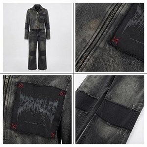 Wholesale Rate Ladies Style Patchwork <b>Zip</b>-Up Leather Crop <b>Top</b> Loose Fit Straight Leg Street Style Leather Vintage Tracksuit - Product Image 4
